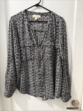 Michael Kors Black and White Zip-Front Patterned Tunic Top